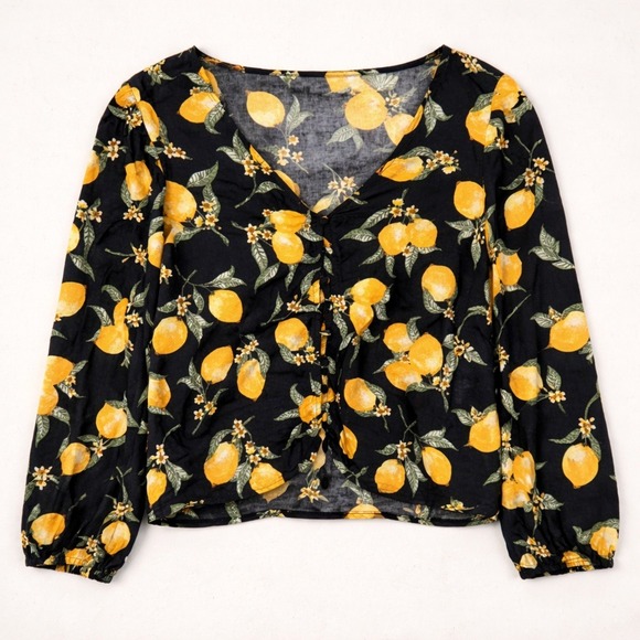 H&M Divided Tops - Vtg Y2K H&M Divided Lemon Citrus Crop Top Whimsical Black Yellow Sz 4 maximalist